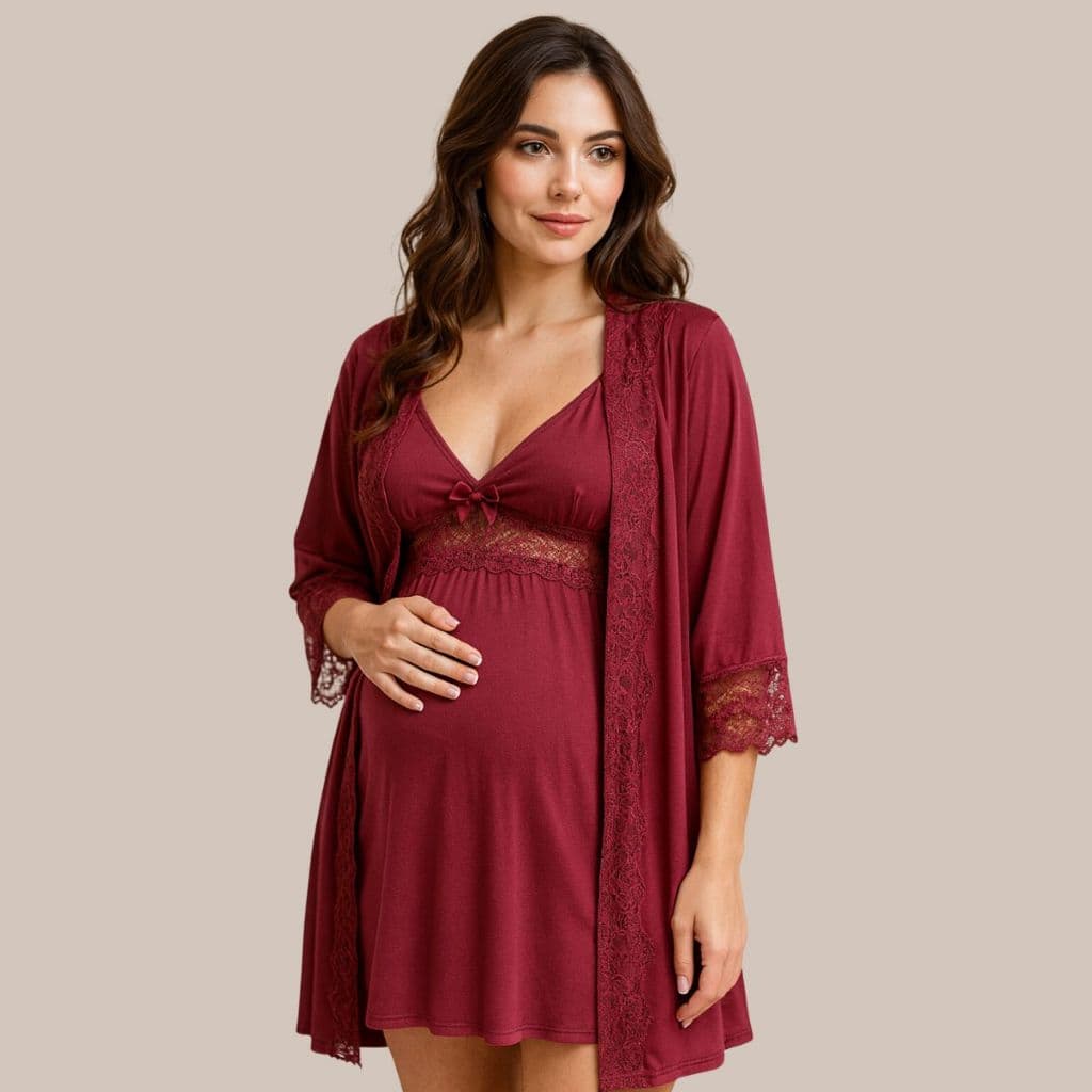 KIT Camisola Amamentação Maternidade e Pós Parto + Robe em Microfibra com Renda.