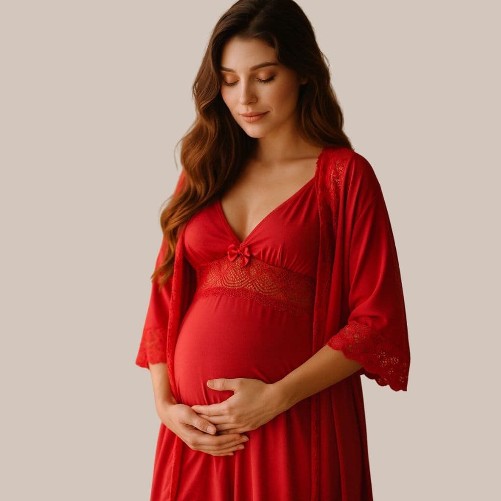 KIT Camisola Amamentação Maternidade e Pós Parto + Robe em Microfibra com Renda.