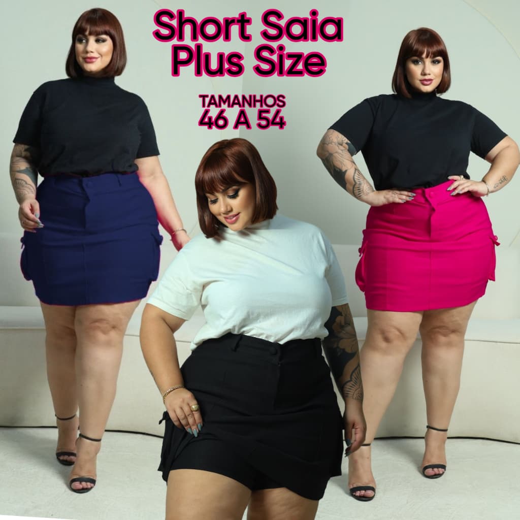 SHORT SAIA CARGO PLUS SIZE MODELO BOLSOS LATERAIS TECIDO BENGALINE POSSUI ELASTICIDADE 44 A 54