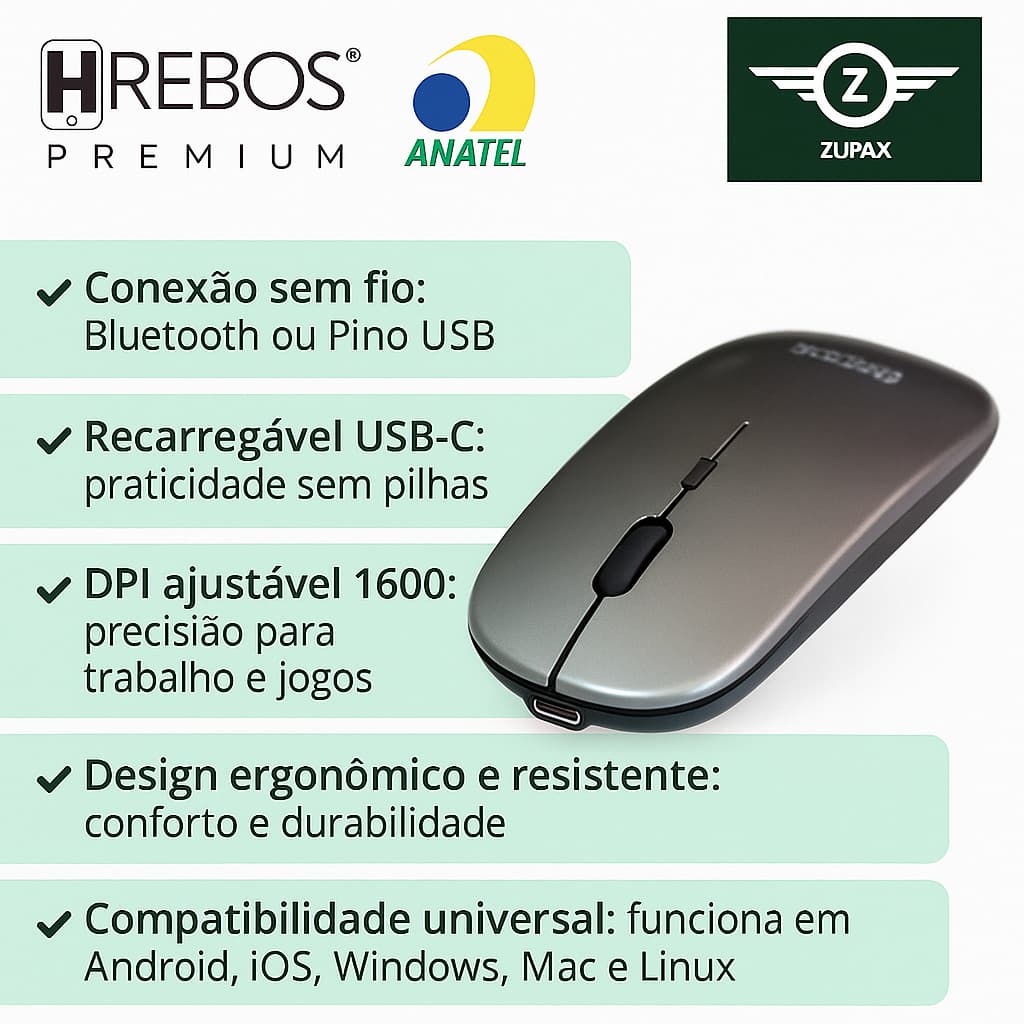 Mouse Sem Fio Recarregável | Bluetooth ou Pino USB Wi-fi | 1600 DPI Gamer | Compacto Leve Universal