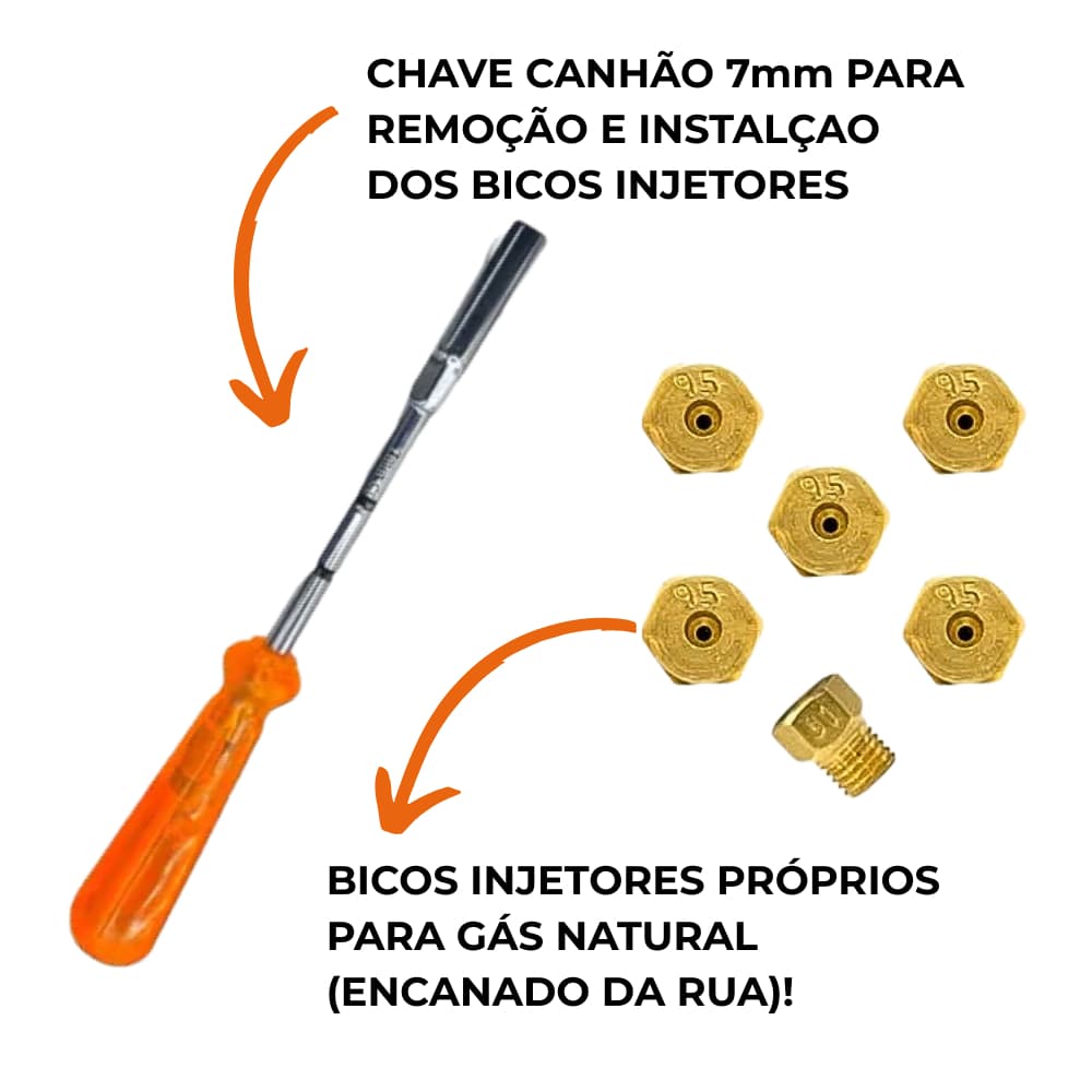 Kit 6 Injetores Conversão de Fogão ou Cooktop GN para GLP ou GLP para GN Todas as Medidas Com Chave