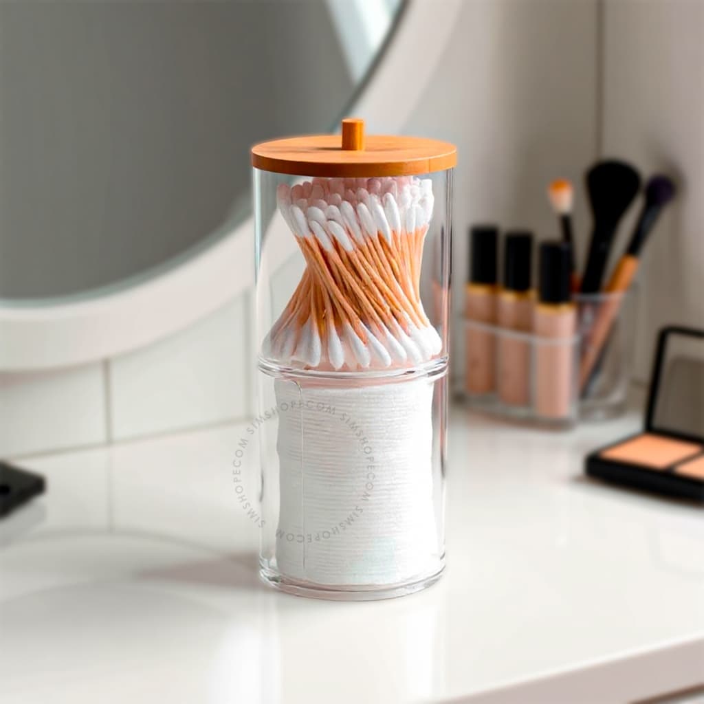 Porta Cotonetes Duplo Acrílico Tampa Bambu Multifuncional Organizador Algodão Resistente Condimentos