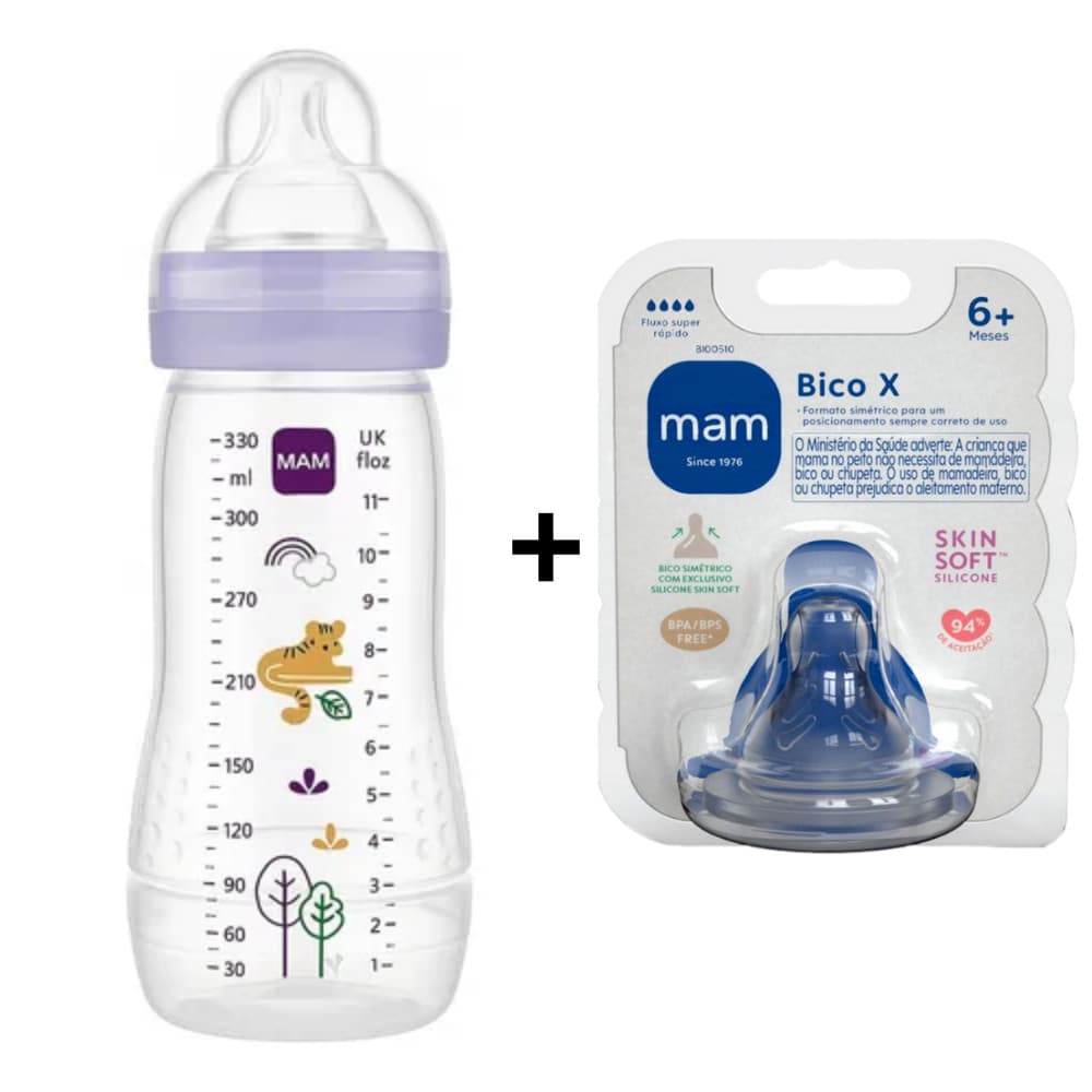 Kit Mamadeira+Bico X MAM Easy Active 330ml +4 Meses e Bico +6 Meses - COR: LILÁS + Bico X