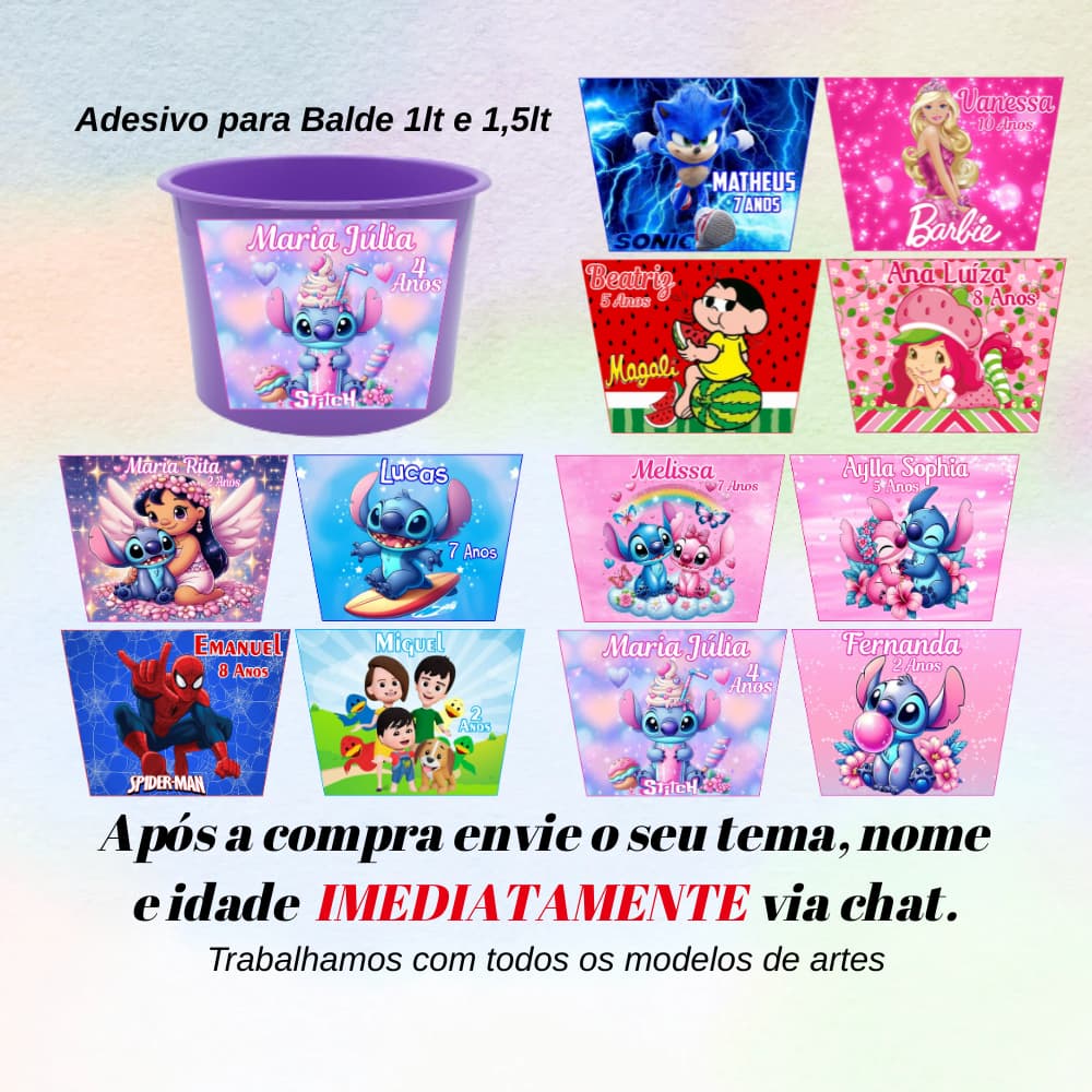 Adesivos para balde de Pipoca de 1Litro e 1,5 litros 13,8x10 S/RECORTE (Envio Rápido)Todos os temas