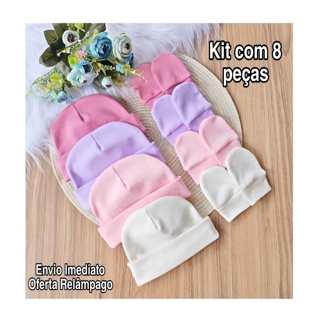 Kit 4 Touca e 4 Luva Para Bebê Recém Nascido 100% Algodão Antialérgico Maternidade Enxoval Gestante