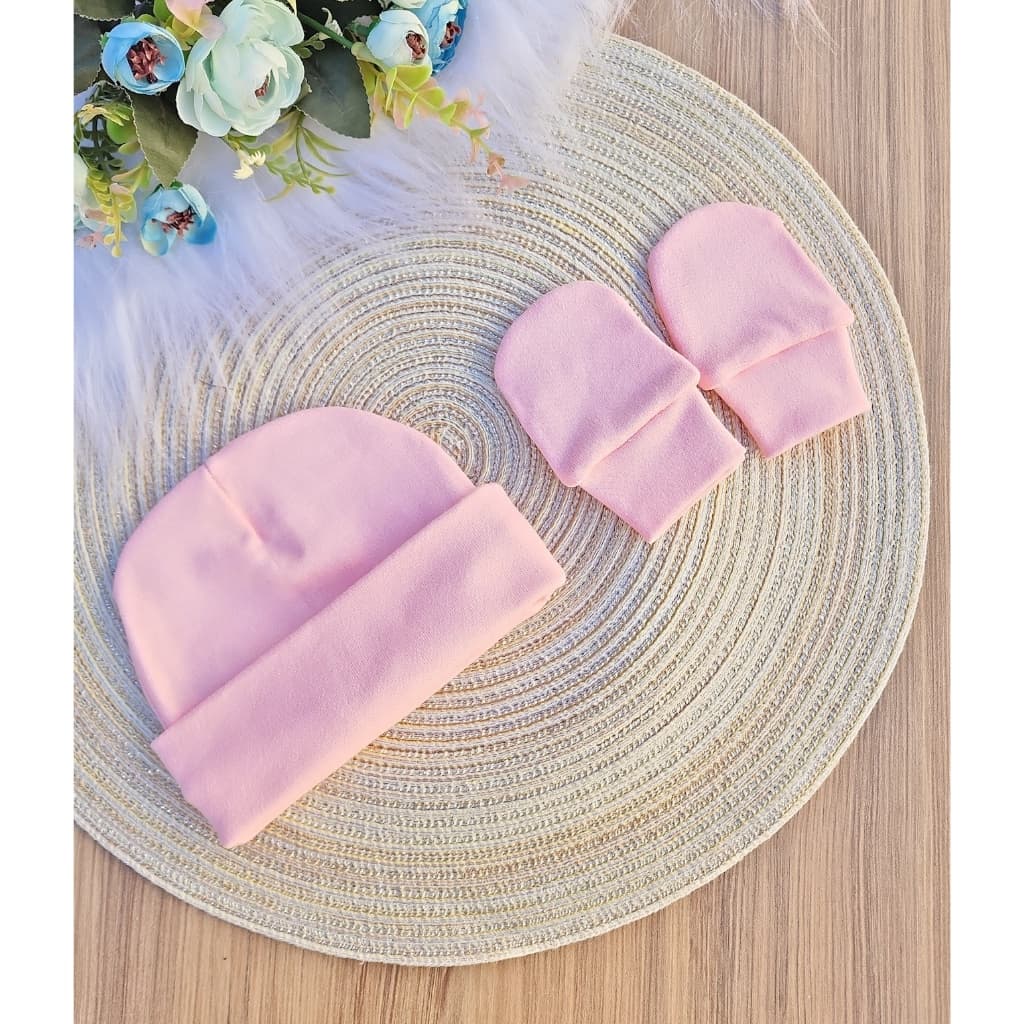 Kit com 1 Touca e 1 par Luva Para Bebê Recém Nascido 100% Algodão Antialérgico Maternidade