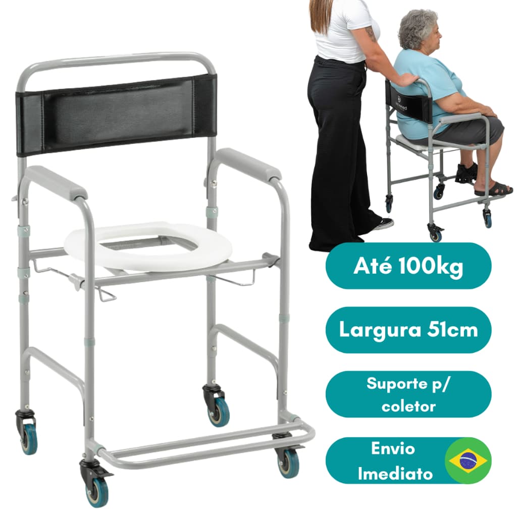 Cadeira Para Banho Dobravel Higienica Rodas Geriatrica de Idoso Dellamed D30 Sanitária 100kg