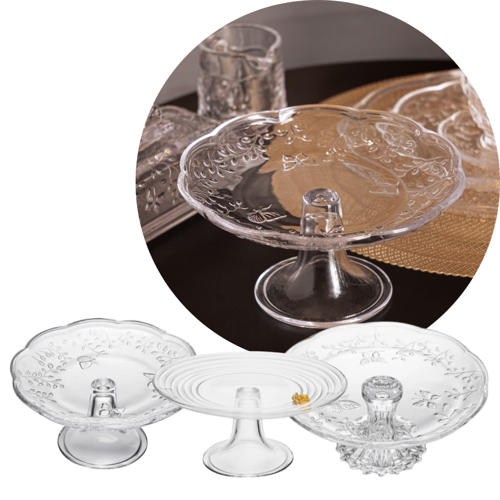 Pratos P/ Bolo Doces Torta C/ Pé New Butterfly E Little Bee 27 x 12cm e 19 x 9cm Cristal Lapidado Lyor