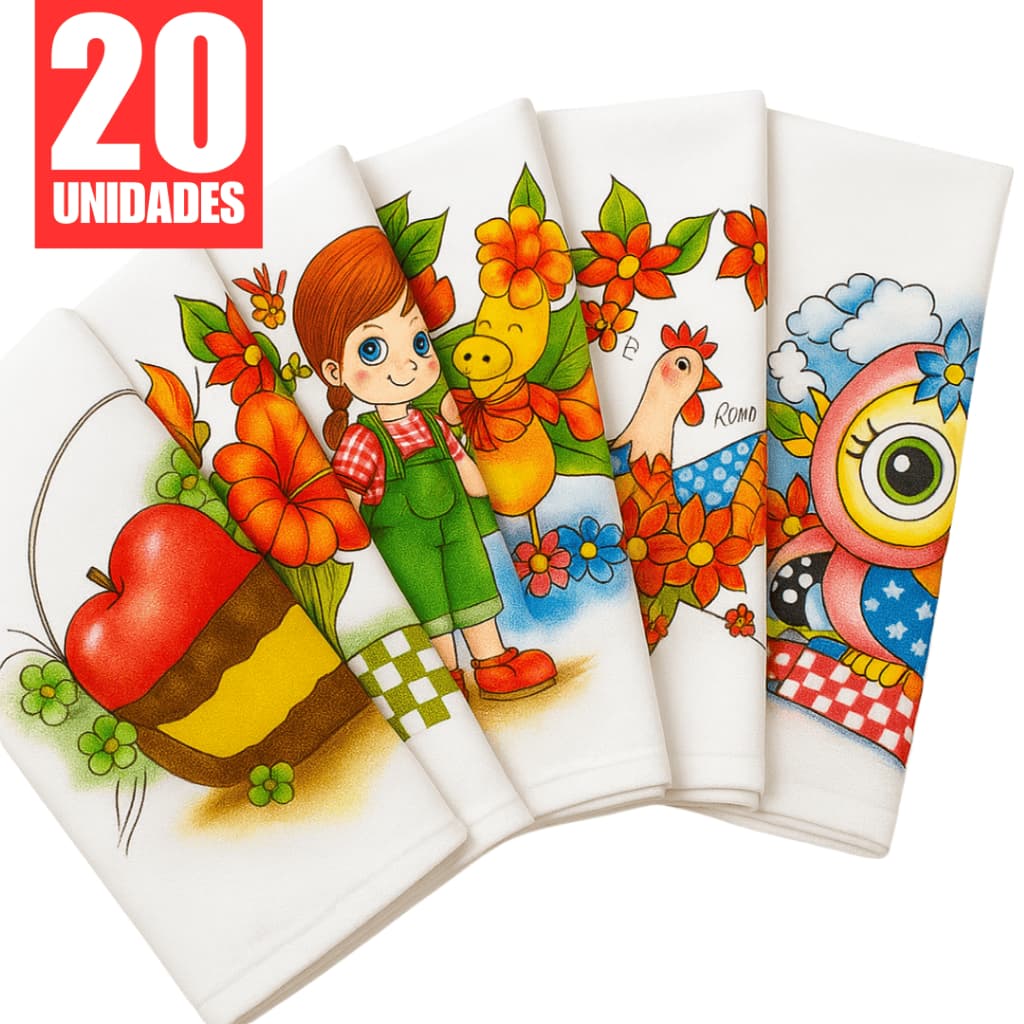 Kit 20 Panos de Prato Estampados 100% Algodão – Absorventes, Grandes e Resistentes para Cozinha