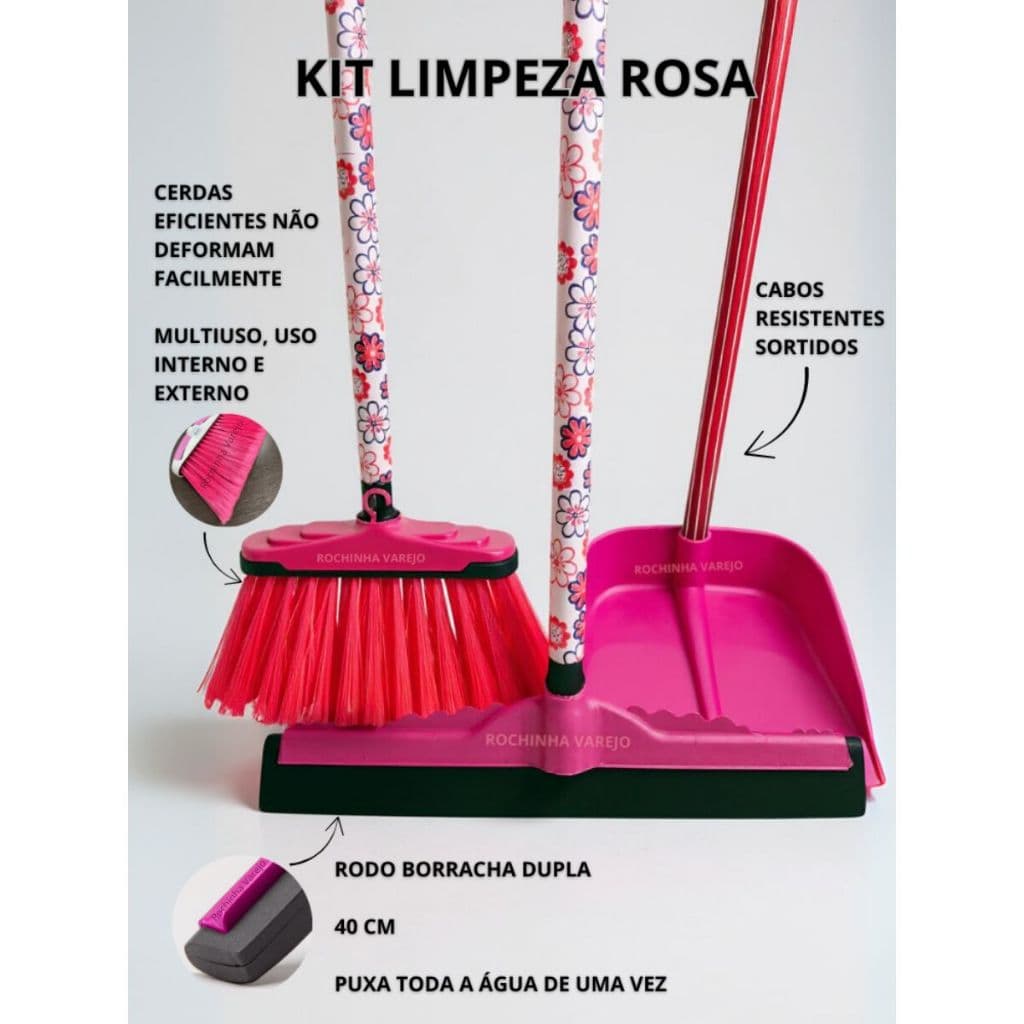 Kit Rosa Barbie Vassoura, Rodo Grande Duplo e Pá com Cabos