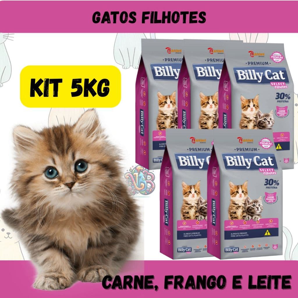 Billy Cat Ração Premium Gatos Filhotes Carne Frango e Leite 5kg