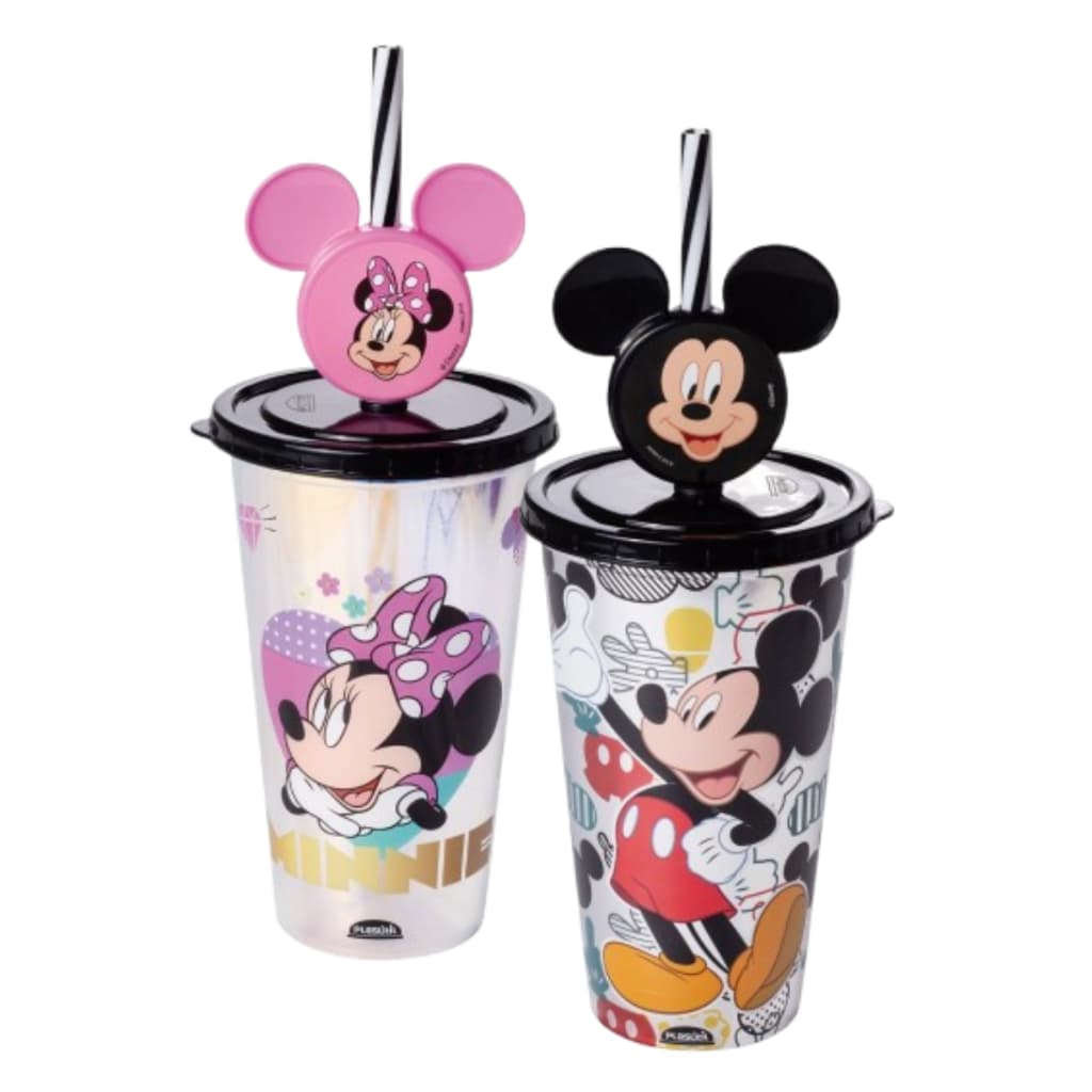 Copo Canudo Refri Minnie e Mickey com Pin 500 mL Plasútil Resistente Seguro Divertido