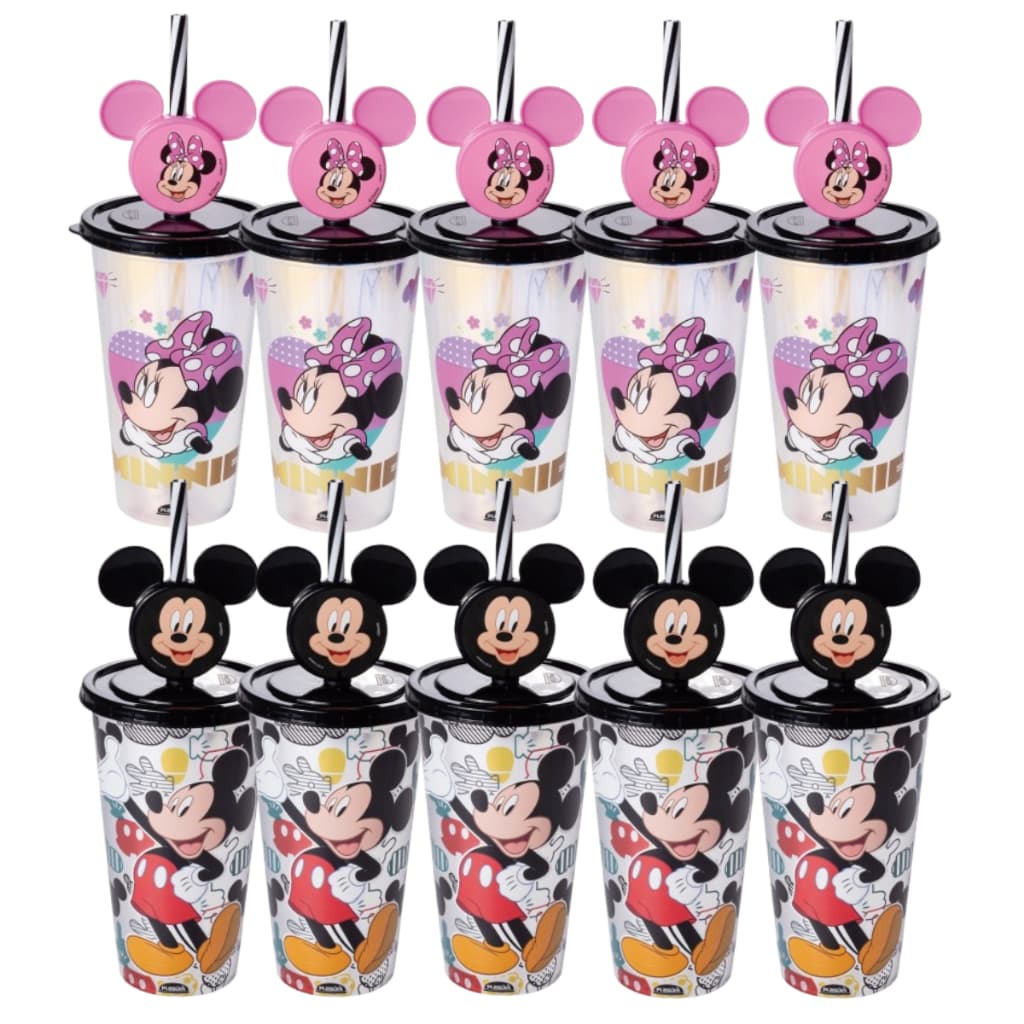 Kit Festa Lembrancinha Aniversário Copo Canudo Minnie e Mickey 500 mL Plasútil Resistente Seguro