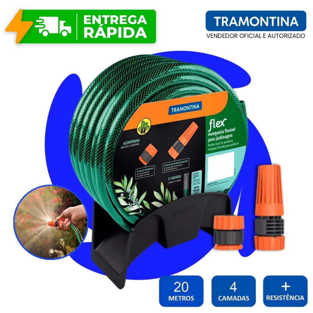 Kit Mangueira Com Esguicho + Suporte Reforçado 15/20/25/30 metros 1/2" 4 Camadas Jardim Tramontina