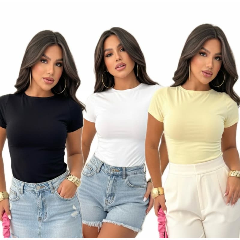 Kit 3 Blusas Femininas Suplex Alta Compressão Manga Curta Justinha Básica Slim Fit Baby Tee Moda Casual e Confortável