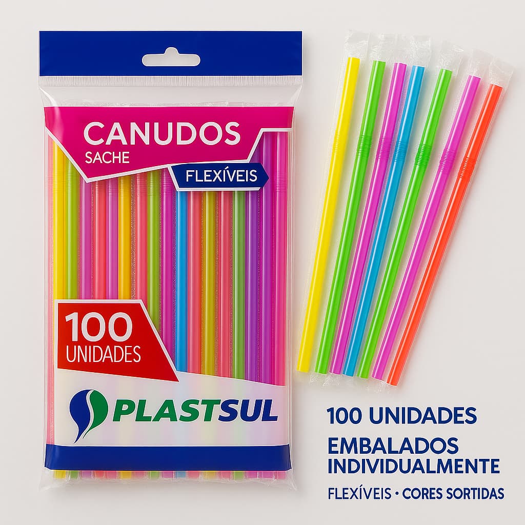 Kit 500 Canudo Flexível PlastSul Dobrável Colorido Embalado Individual Descartável Festa 100 até 500