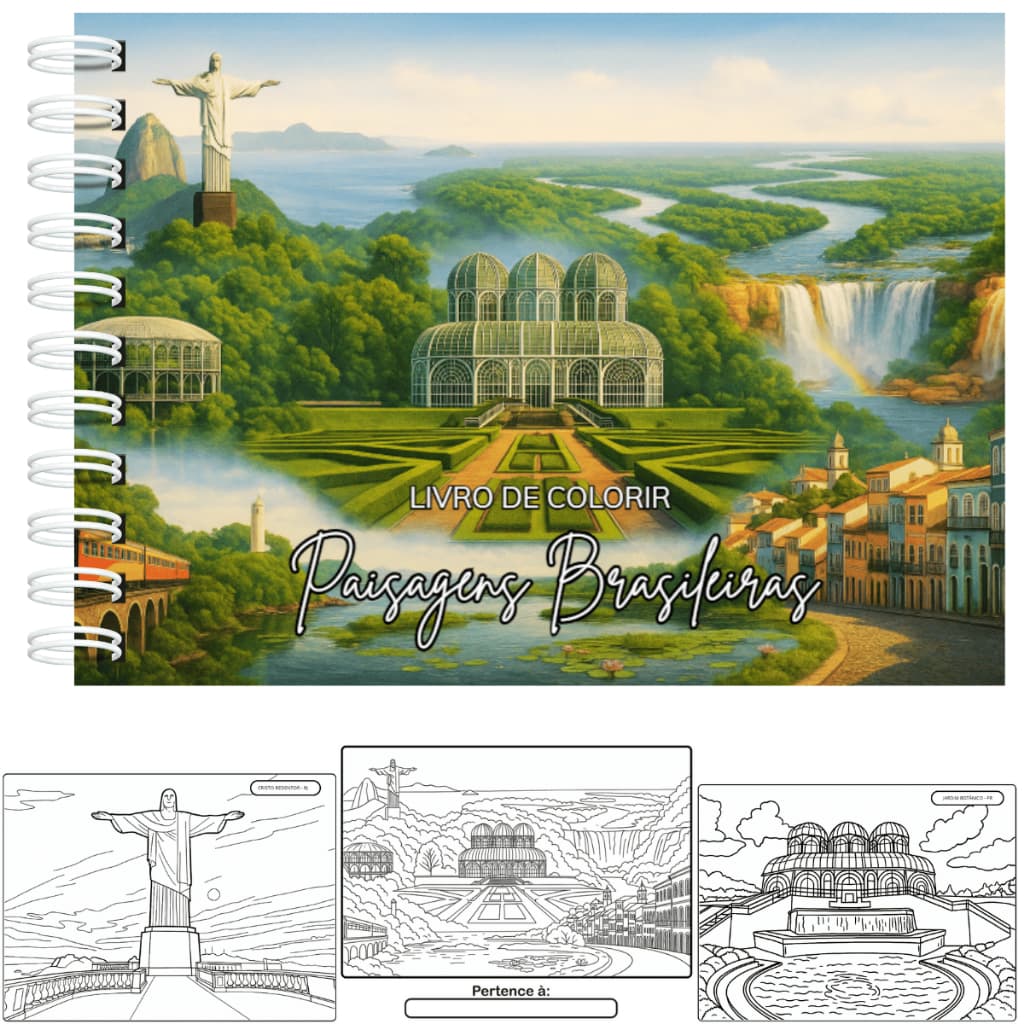 Livro de Colorir Paisagens Brasileiras Pontos Turísticos Brasileiros Capa Dura A5 50 Folhas 180g