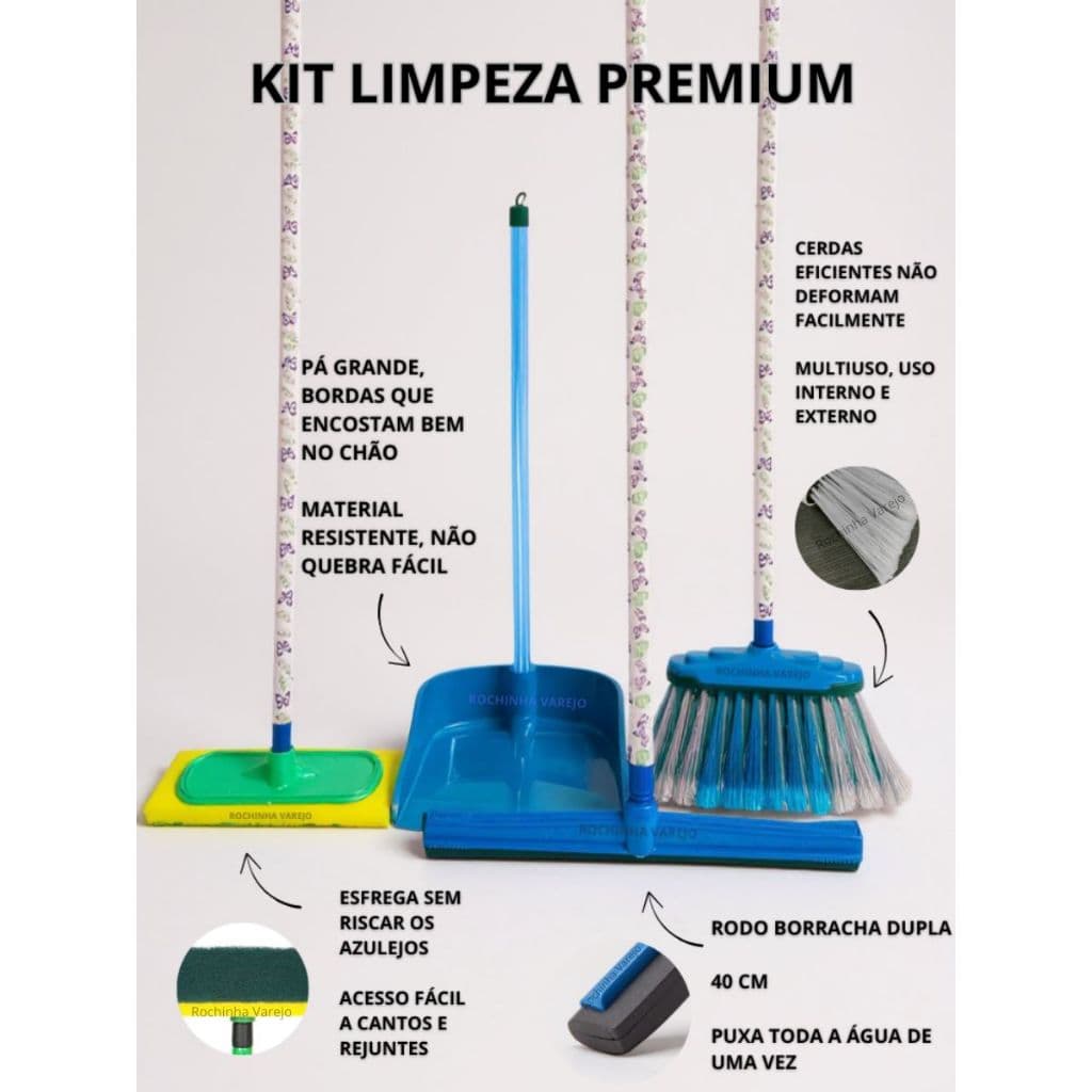 Kit 1 Vassoura (Com cabo), 1 Rodo (Com Cabo),  1 Lava (limpa) Azulejo (Com Cabo) e 1 pá de lixo (Com Cabo)