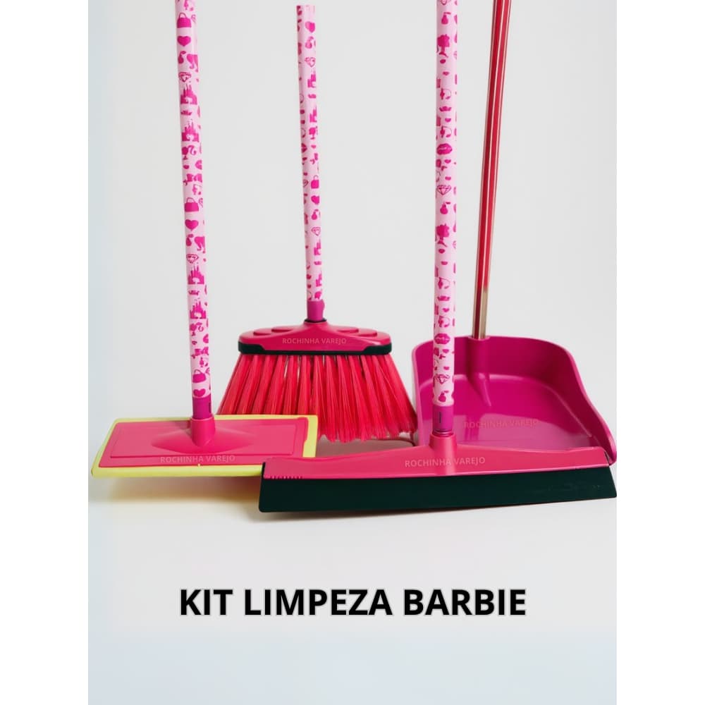 Rosa Vassoura com Cabo, Rodo Duplo 40cm com Cabo, Esfregão Lava Azulejo com Cabo, Pá de Lixo c/ Cabo