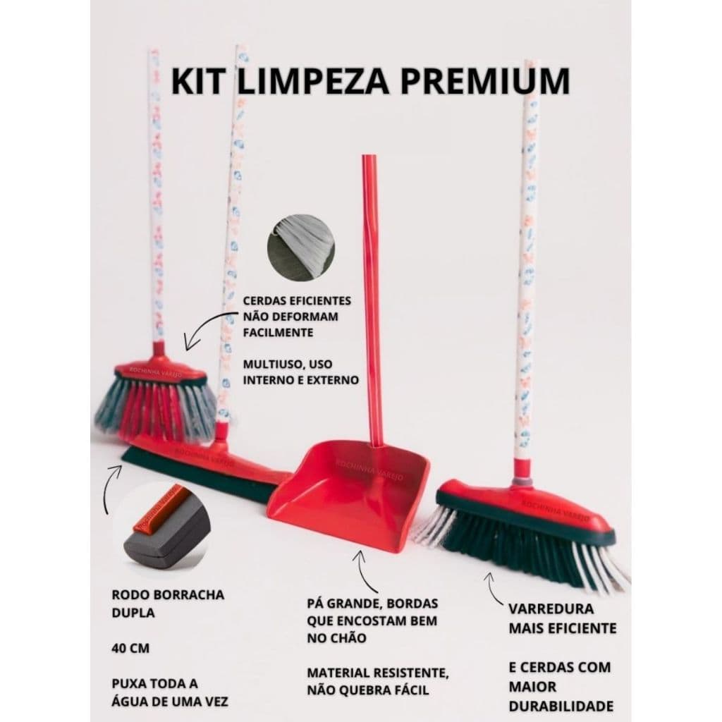 Kit Vassoura com Cabo, Rodo Duplo Grande com Cabo, Vassoura de Pelo com Cabo e Pá de lixo com Cabo