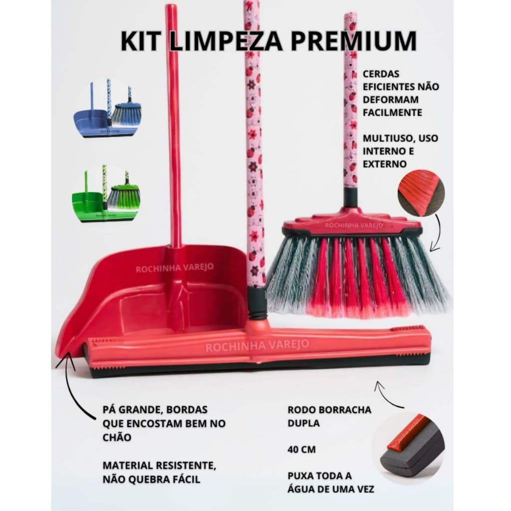 Kit A Vassoura com Cabo, Rodo com Cabo e Pá de Lixo com Cabo Kit Faxina Limpeza