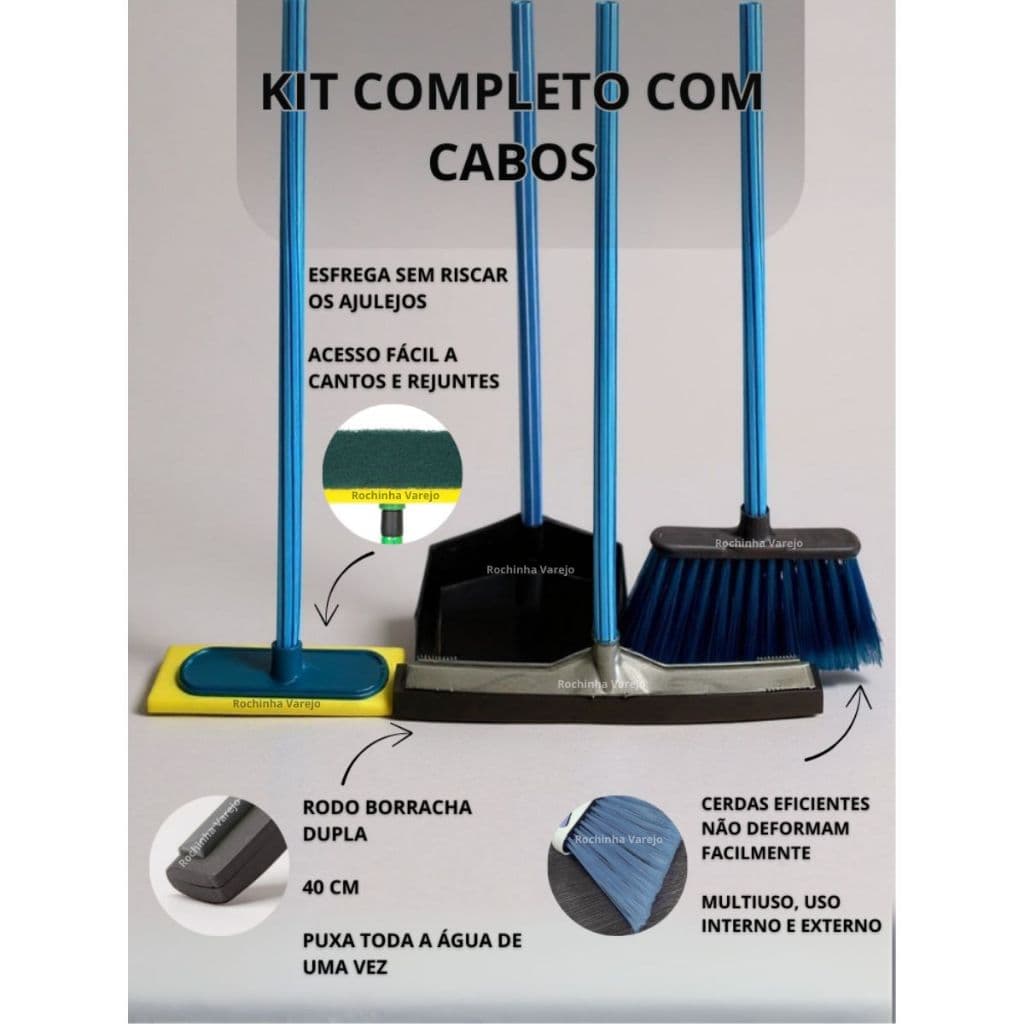Kit Vassoura, Rodo Grande Duplo, Pá de Lixo e Lava Limpa Azulejo Esfregão com Cabo