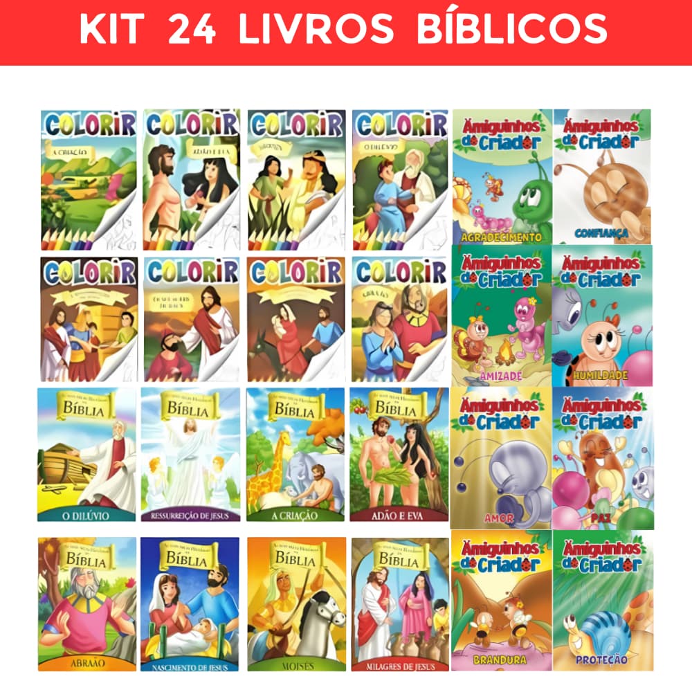 Kit 24 Livros Bíblicos - 16 Livros de História - 8 de Colorir