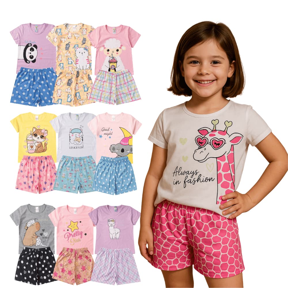 Kit 3 pijamas Infantil Menina 1 ao 8 Camiseta + Shorts Estampado Sortido pijama personagem dormir