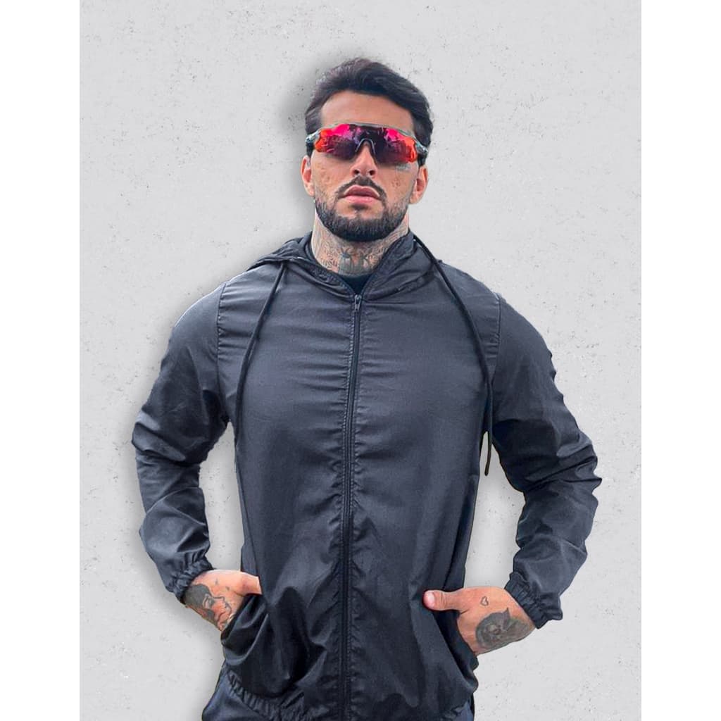 Corta Vento Jaqueta Masculina Repele Água Gola Alta Academia Treino Fitness Resistente Capuz