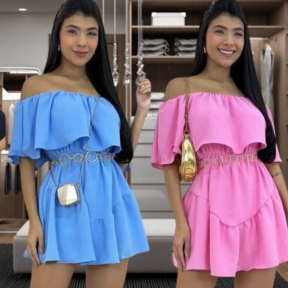 Macaquinho Feminino Ombro a Ombro Moda Verao Estilo Vestido Soltinho Com Short Conjunto Feminina