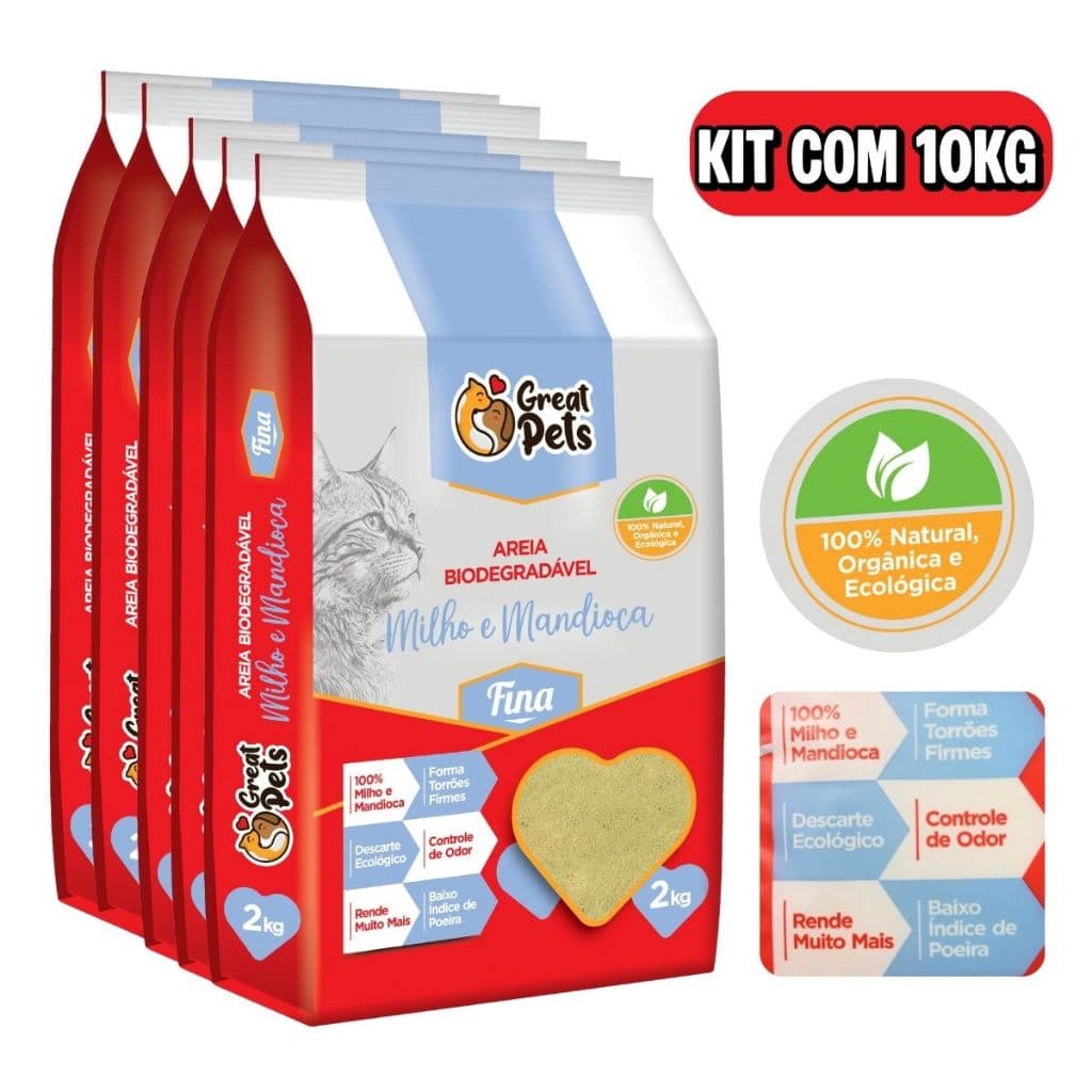 Kit 1/2/3/4/5 Areia Higiênica Gato Milho e Mandioca Biodegradável Grãos Finos Granulado Great Pets 2kg