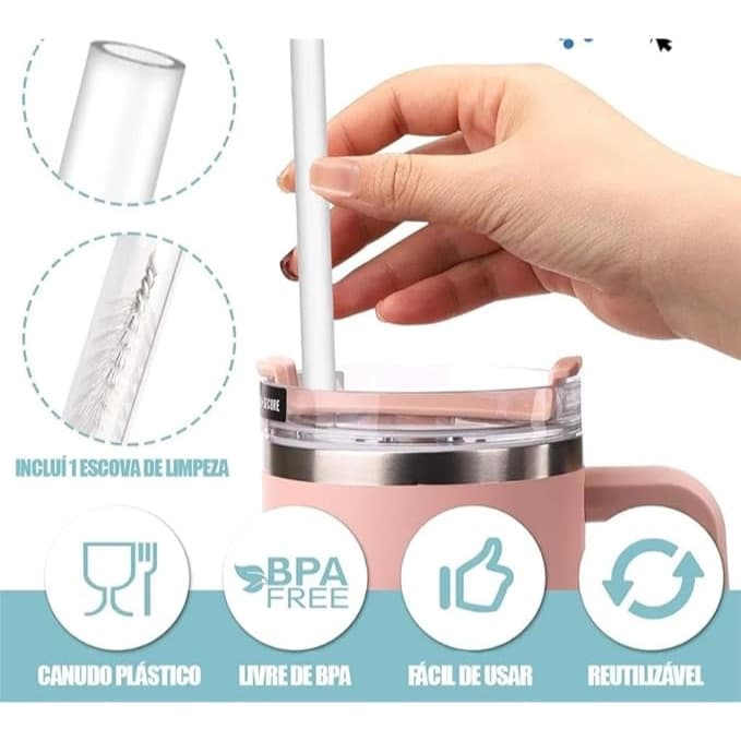 Kit Canudo Compatível Copo Stley 40oz Plastico Reutilizável Lavável + Escova Limpeza