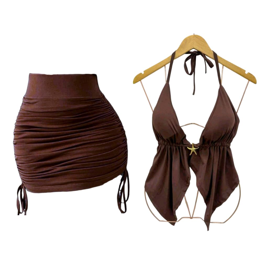 conjunto top cropped bata Malibu Babado Saia curta Franzida suplex Moda Gringa Ajustavel