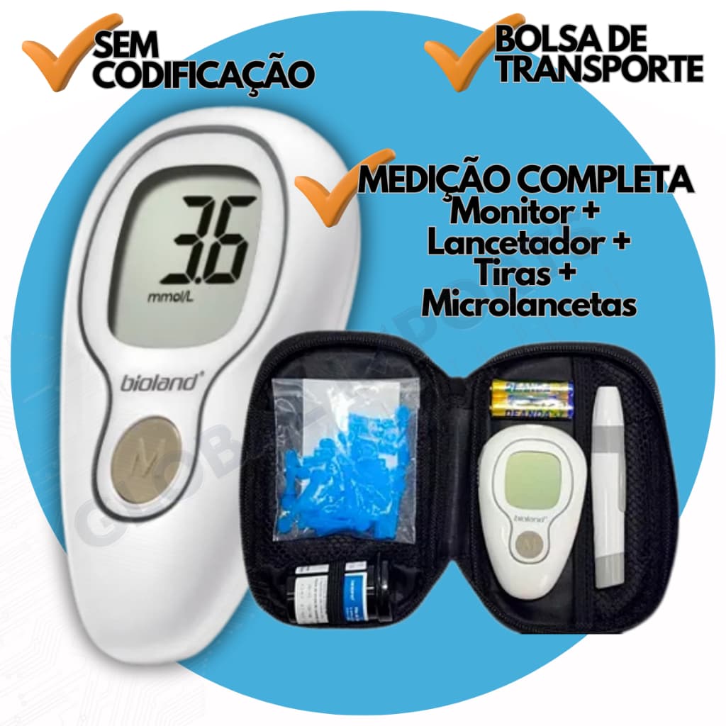 Medidor de Glicose Diabetes Fita Microlanceta Aparelho de Medir Bioland
