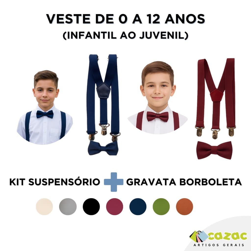 Kit Suspensório + Gravata Borboleta Infantil Juvenil Adulto Casamentos Eventos Pajem Batizado