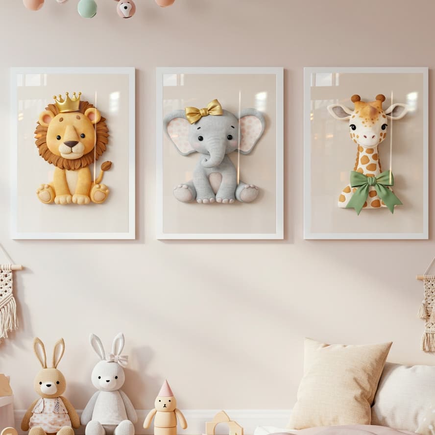 Kit 3 Peças Quadros Infantil Bebê Safari Elefantinho Leãozinho Girafinha Fofos Quarto