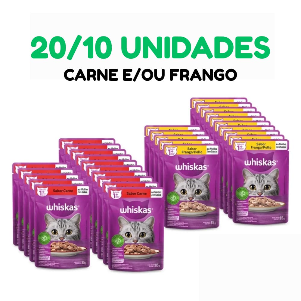 Sache Whiskas Kit  20/10 Unidades Ração Úmida Para Gatos Sabor Carne ou Frango 85g