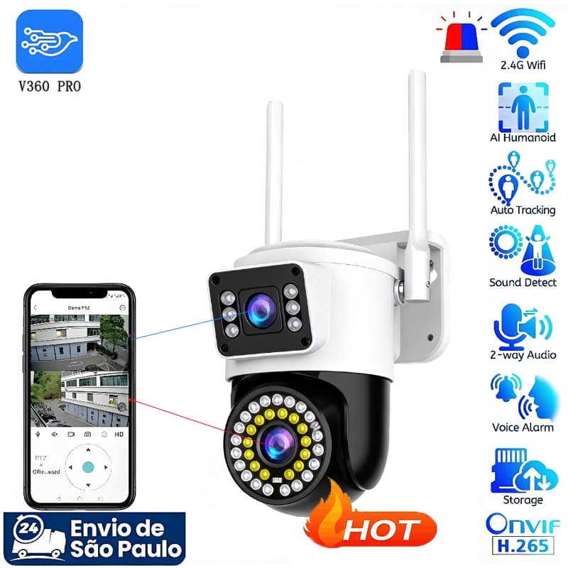 Camera De Segurança Wi-Fi Externa Lente Dupla 360° 6mp Sirene Policial À Prova D'água PTZ WiFi CCTV 1080P Visão-G1