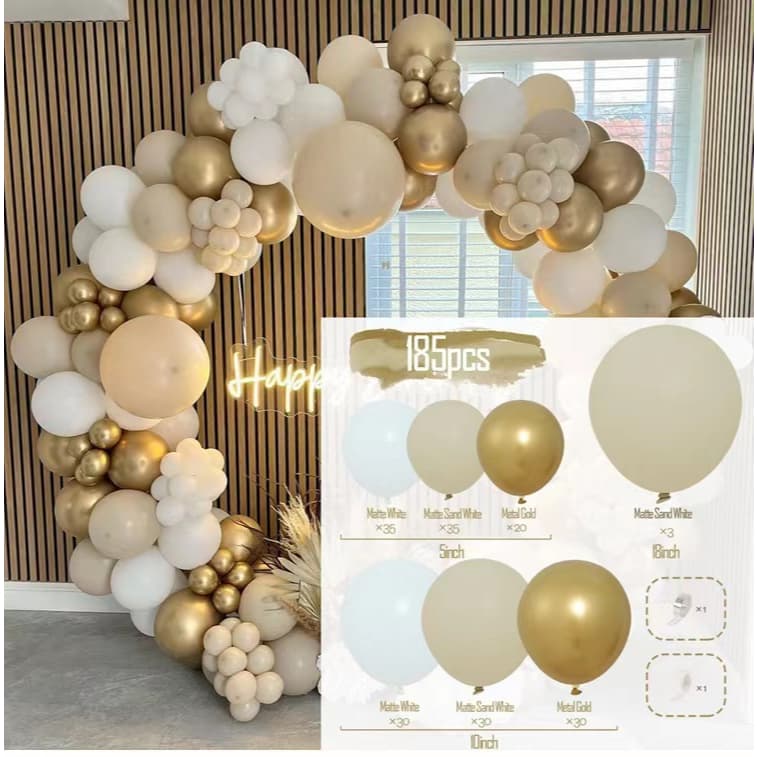 Kit com 185 Balões Dourado + Branco + Marrom Metálico para Festas e Aniversários