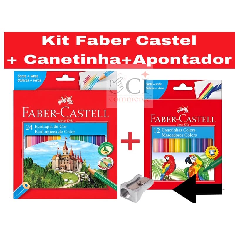 LAPIS DE COR SEXTAVADO ECOLAPIS 24 CORES FABER CASTELL + CANETINHA + APONTADOR