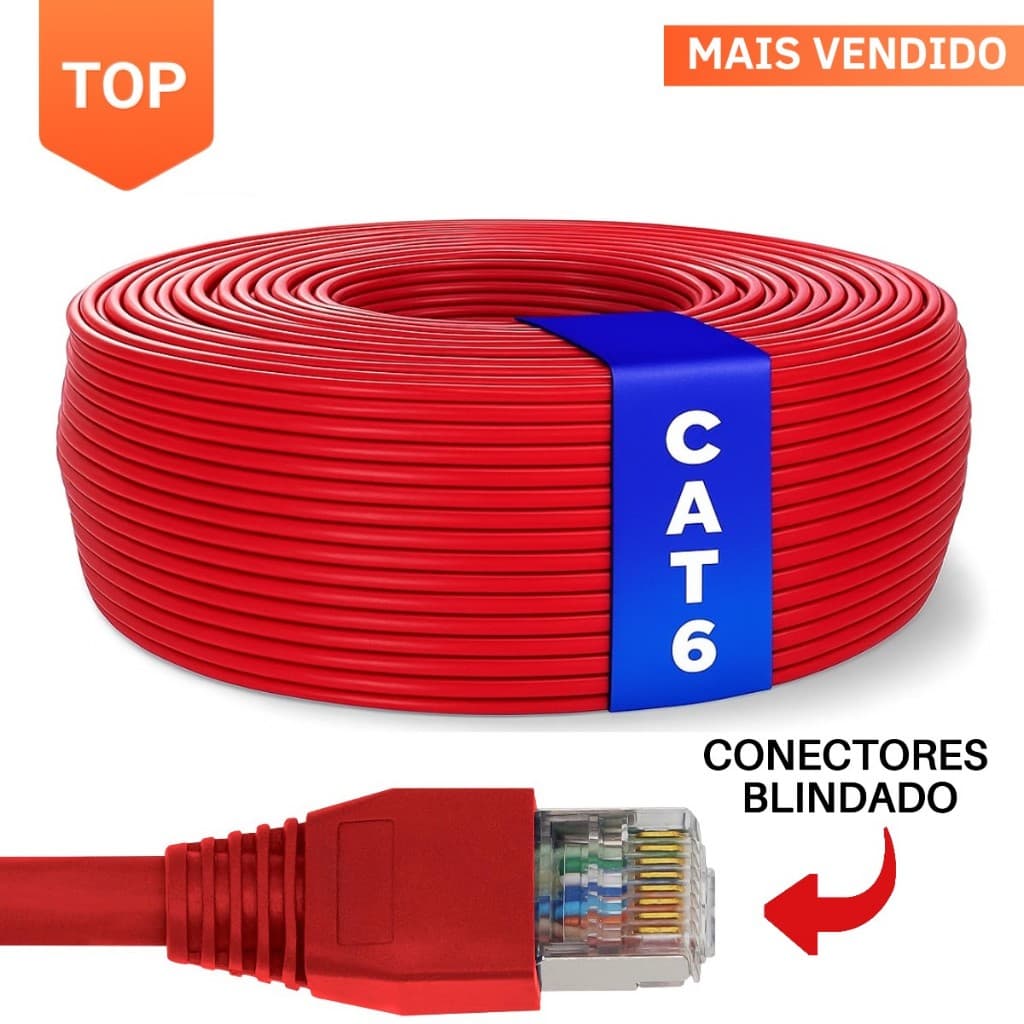 Cabo de Rede CAT6 Gigabit Rede e CFTV Vermelho Metragens - 30m - 50m - 100m