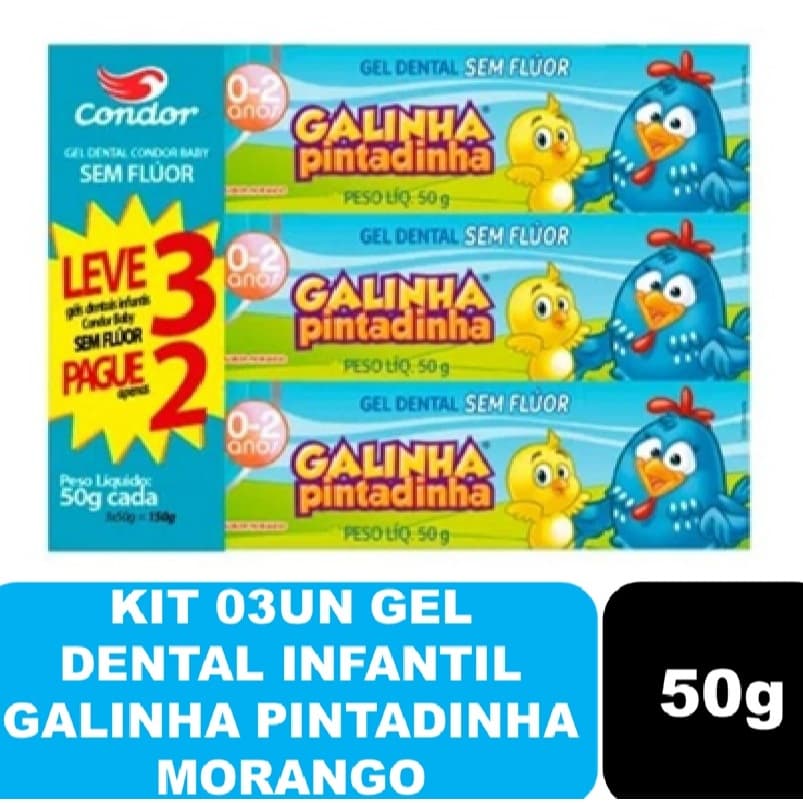 Kit 03un Gel Dental de Morango Baby (0-2 ANOS) Galinha Pintadinha SEM FLÚOR Condor 50g