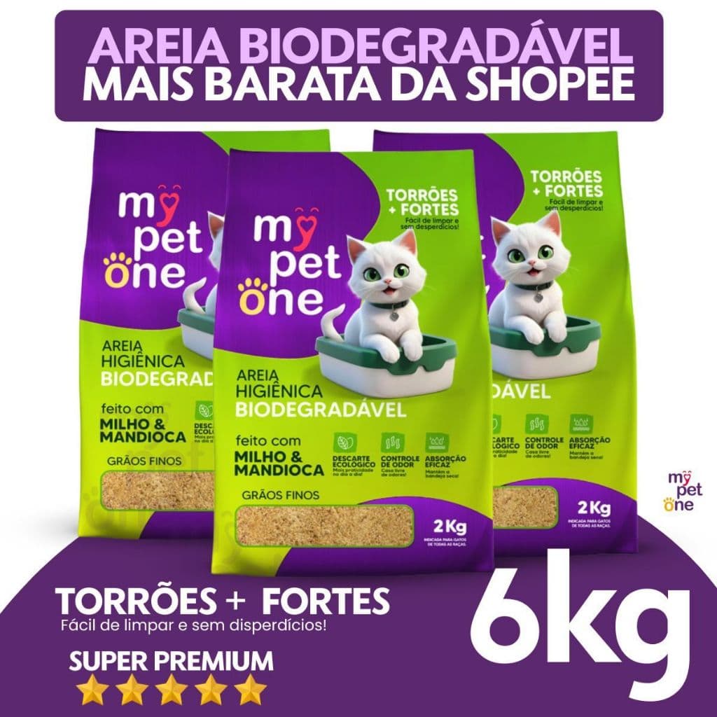 Kit 3 Areia Biodegradável Bio Gold Fina MyPetOne - 2Kg