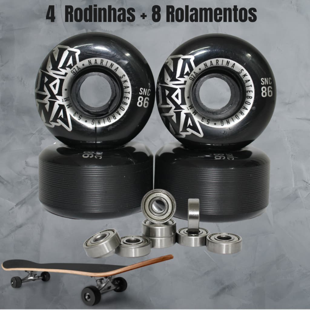 Rodinha de Skate 53mm Semi Profissional + 8 Rolamentos Para Concreto Madeira Street Roda Dureza 97A