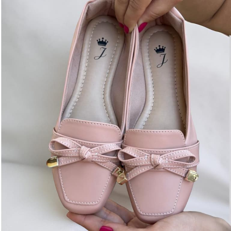 Mocassim Feminino Laço Delicado Sapatilha Feminina Metalizado Casual Bico Quadrado