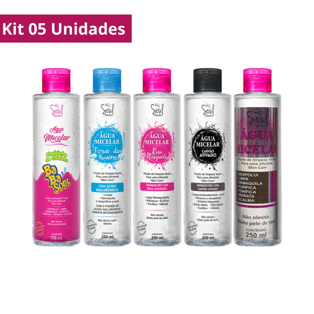 Kit 05 Água Micelar Limpeza Facial 250ml Soul Cosméticos