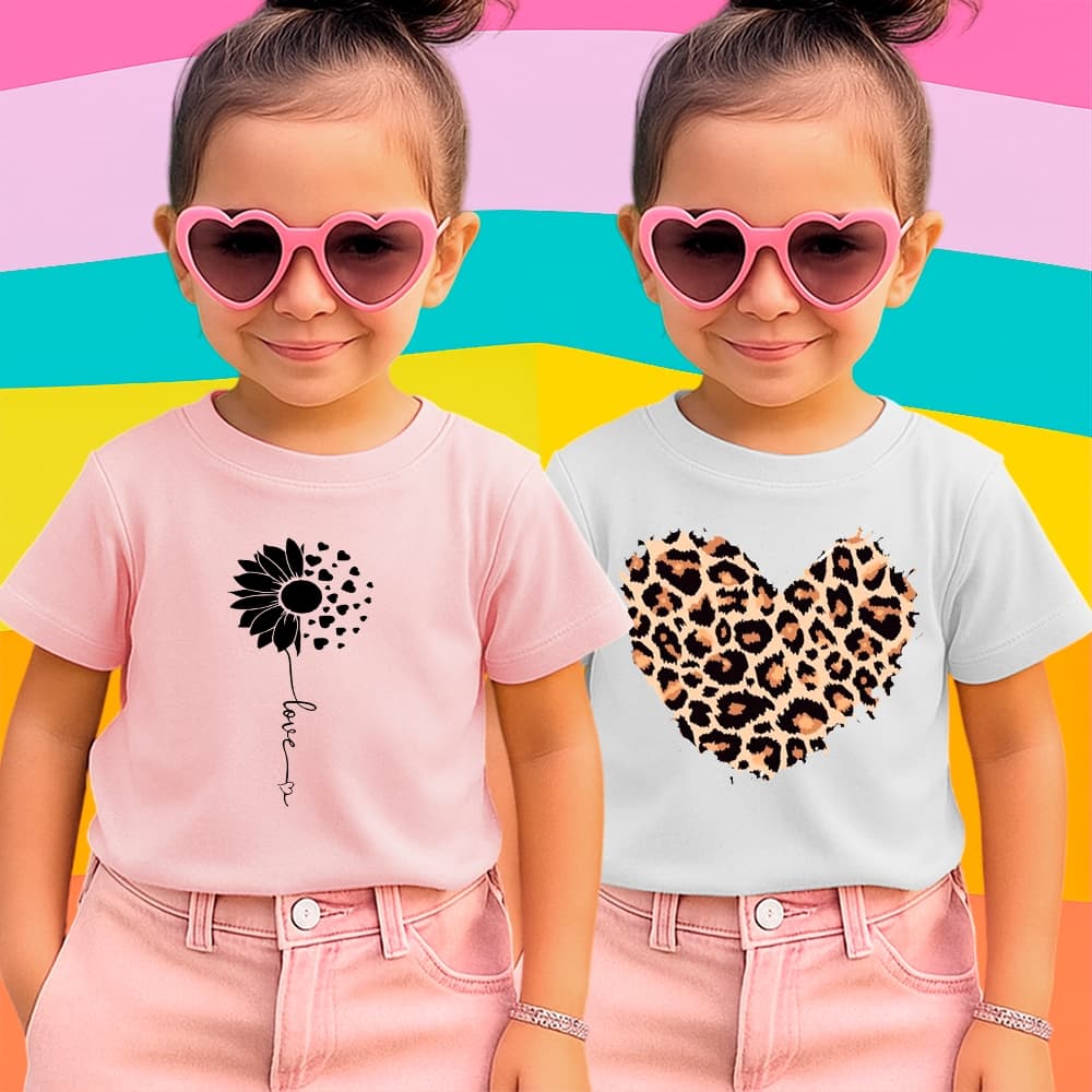 Kit 2 Camisetas Flor Love e Coração Onça Infantil  Menina Criança Manga Curta 100% Algodão 30.1