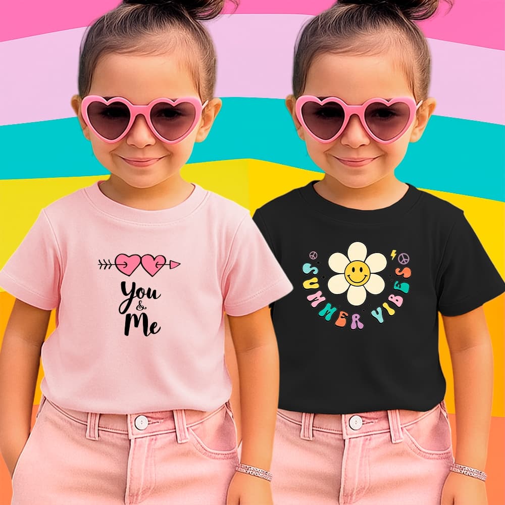 Kit 2 Camisetas Criança Infantil Menina Desenhos Coloridos Manga Curta Gola Redonda 100% Algodão