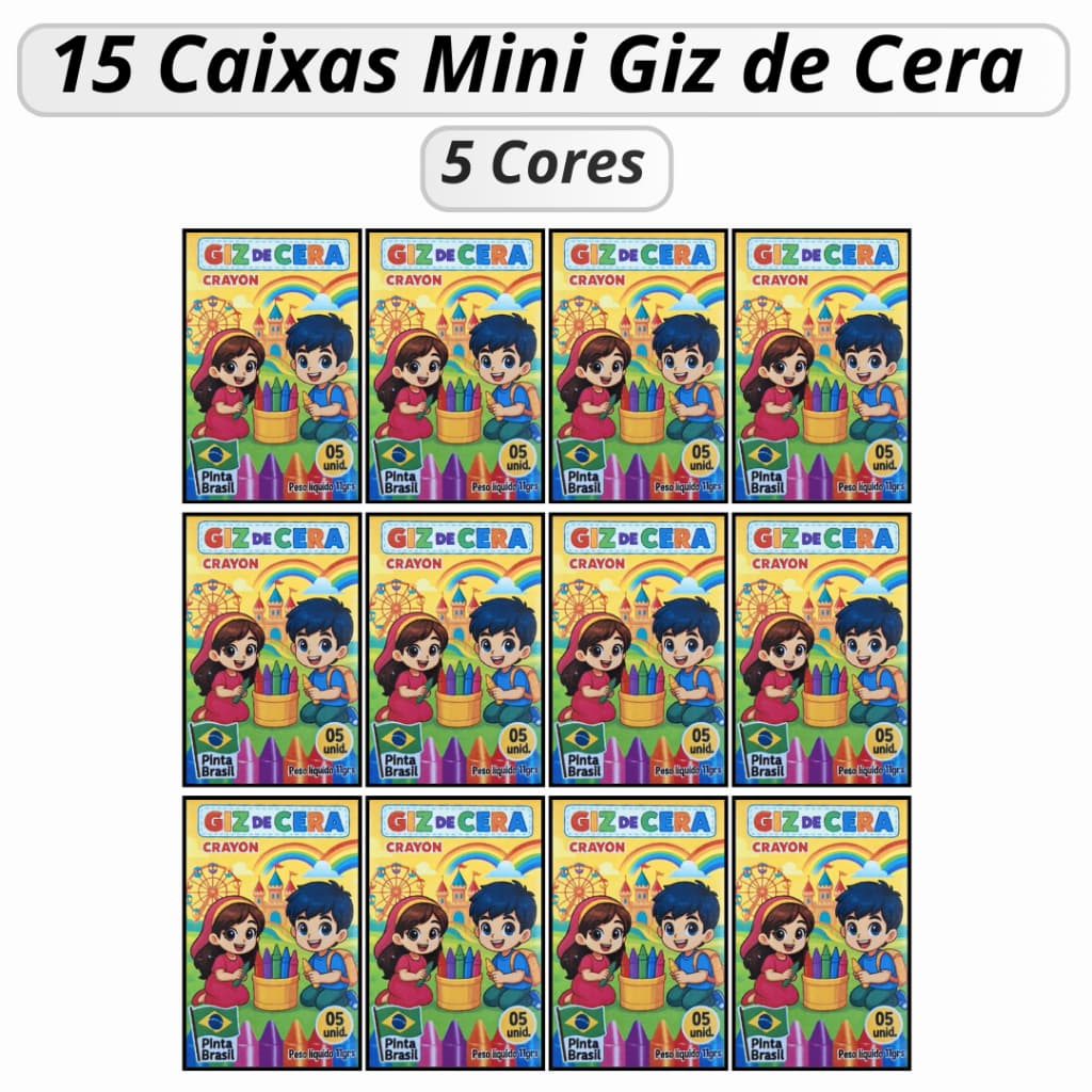 15 Cx Mini Giz de Cera 5 Cores P/ Kit Festa Infantil Lembrancinha