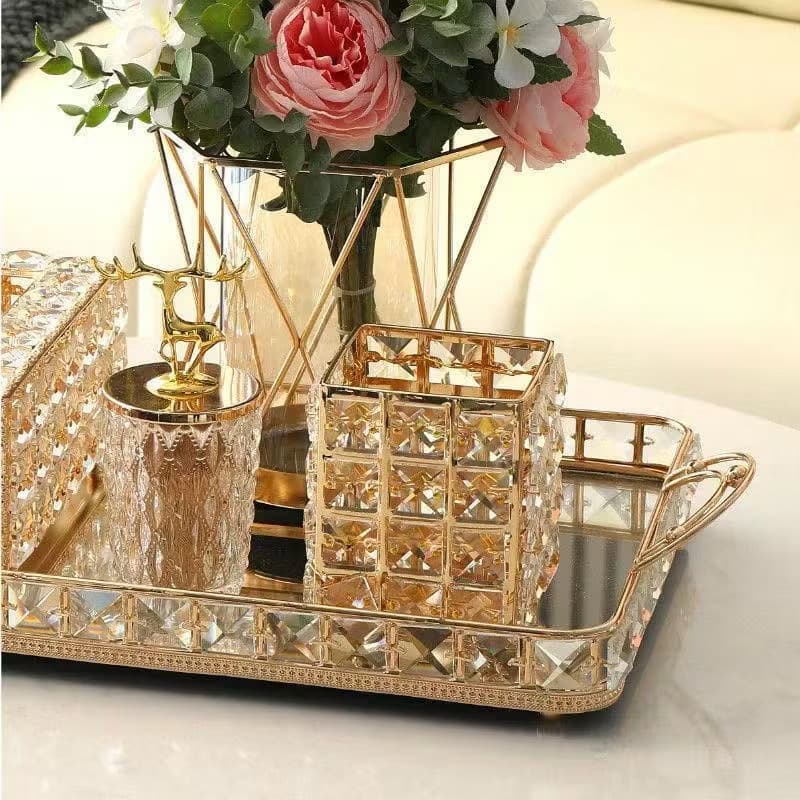 Porta-canetas de maquiagem de cristal luxuoso e nobre, penteadeira, sala de estar, decoração de mesa de jantar